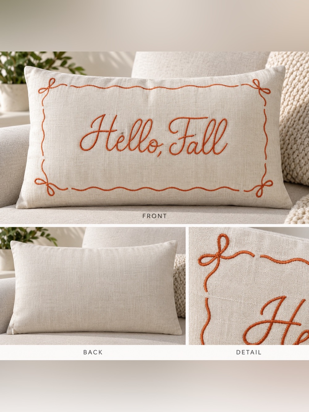 Hello Fall Embroidered Lumbar Pillow Cover – Cream & Rust Orange | NEW